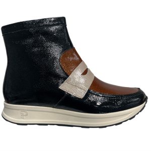 Pitillos Ladies Low Wedge Ankle Boot 10203 Black with Taupe and Bronze Panels