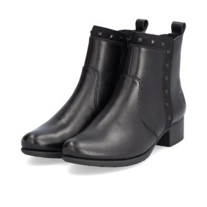 Rieker 78657-00 Black Low Block Heel Leather  Ankle Boot