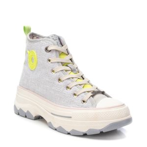 REFRESH  172563 LADIES LACED CANVAS ANKLE  GREY BOOT WITH LIME GREEN TRIM