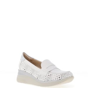 Pitillos 10433 Leather Perforated Shimmer Low Wedge Loafers, White