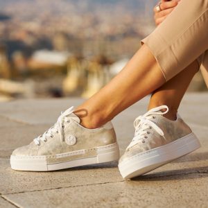 Rieker N49W1-90 Ladies Laced Beige & Gold Platform Sneaker