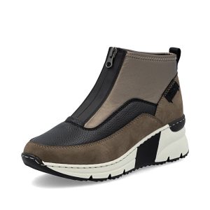 RIEKER  N6352-25 LOW WEDGE FRONT ZIP ANKLE BOOT  BROWN TAUPE