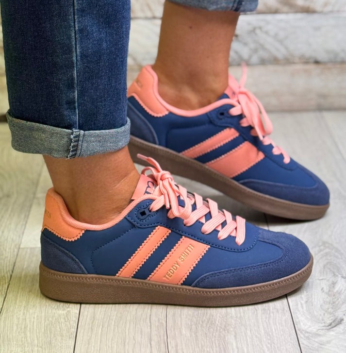 Teddy Smith 120204 Navy with Coral Detail Ladies Leather Trainer - Image 6