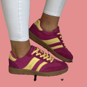 Teddy Smith 120235 Ladies Retro Leather Pink and Yellow Trainers