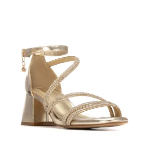 Xti 145341 Ladies Gold Low Block Heel Diamante Strap Sandal