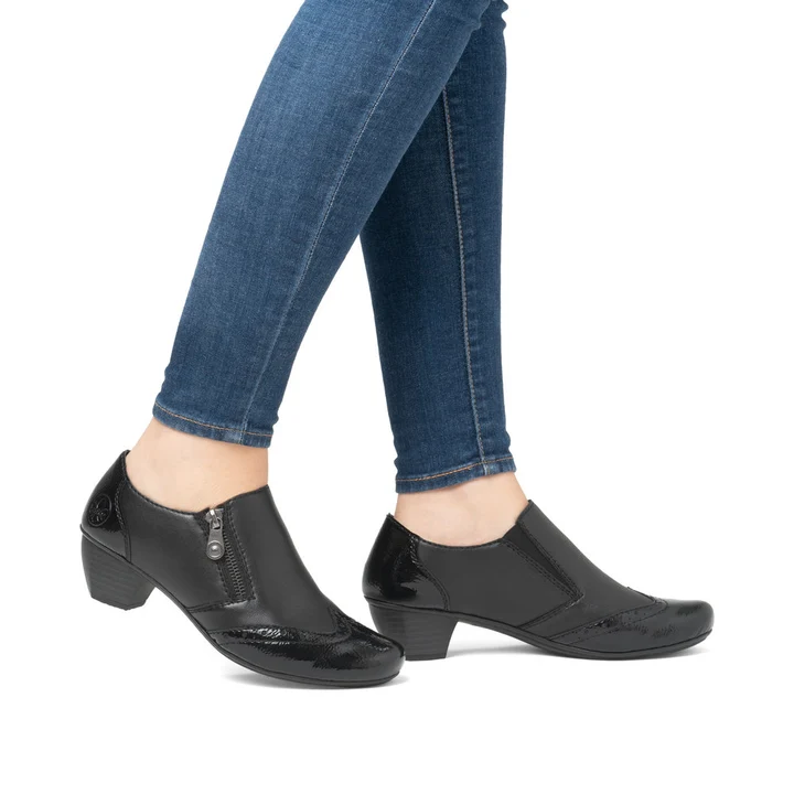 Rieker 41757-00 Ladies Black Block Heel Shoe with side Zip - Image 3