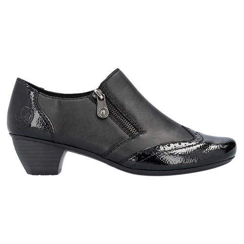 Rieker 41757-00 Ladies Black Block Heel Shoe with side Zip
