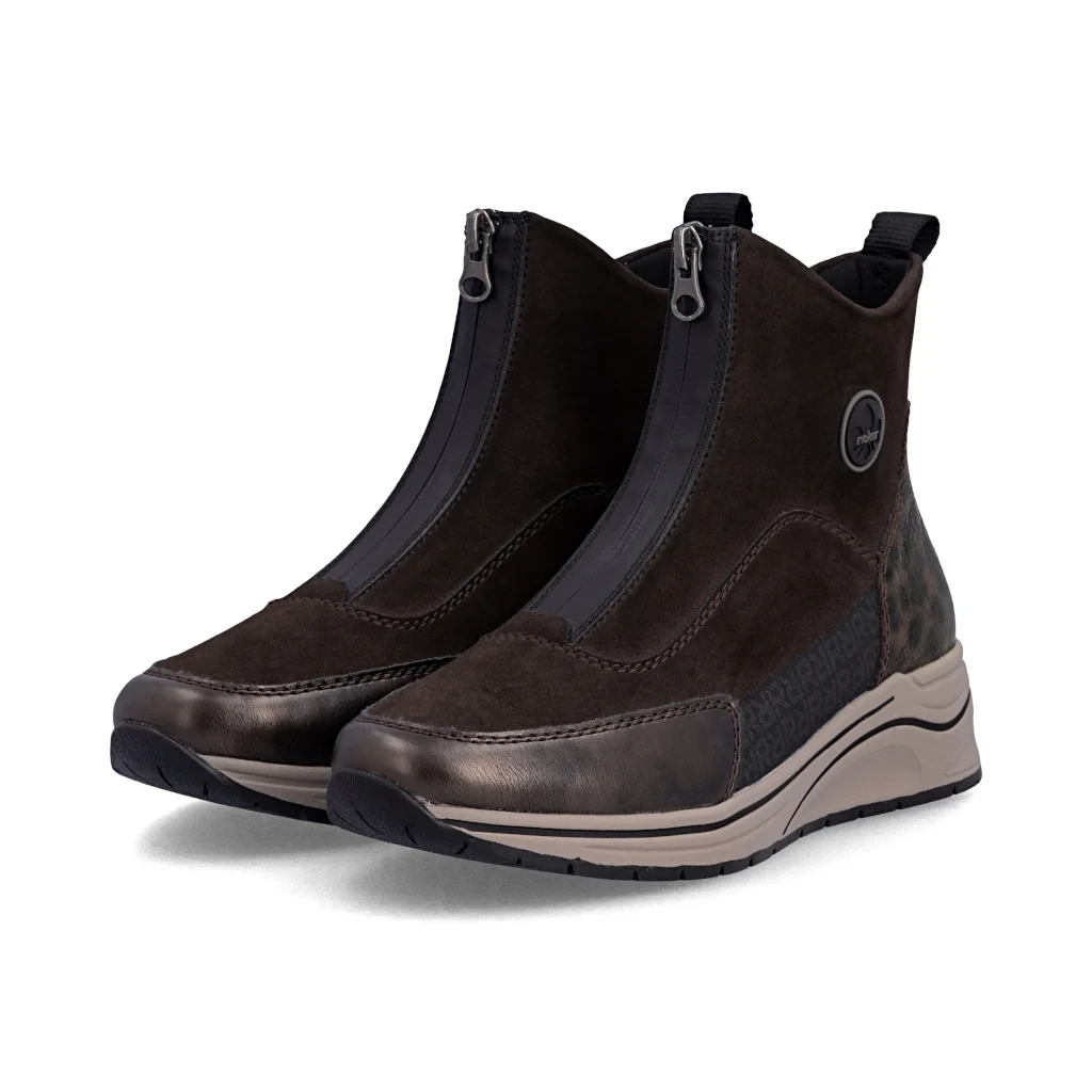 Rieker N9554-25 Ladies Front Zip Dark Brown Wide Fit Ankle Boot
