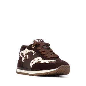 XTI Ladies 146533 Laced with Two  Tone Cow Print Trainer In Brown