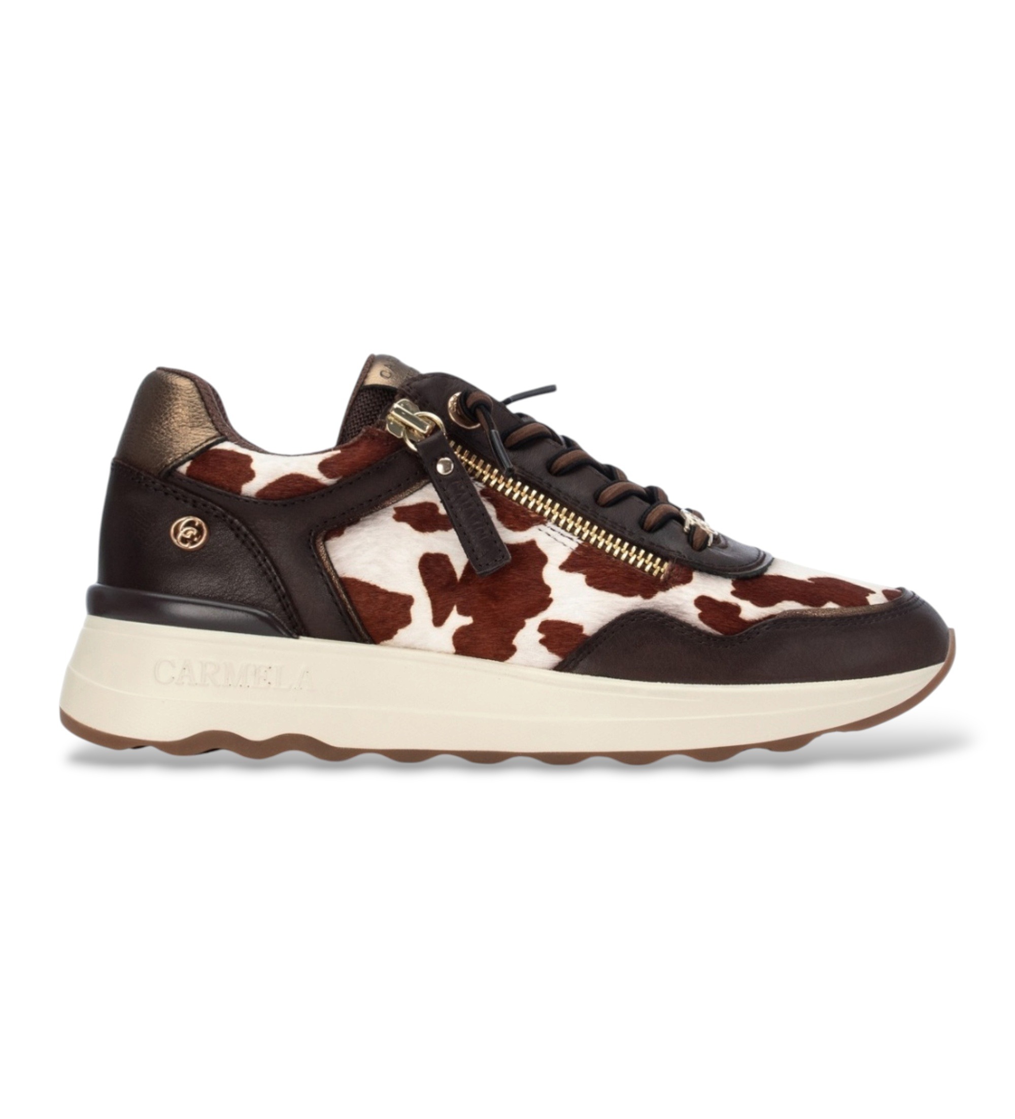 Carmela 164360 Ladies Brown Leather Cow Print Trainer